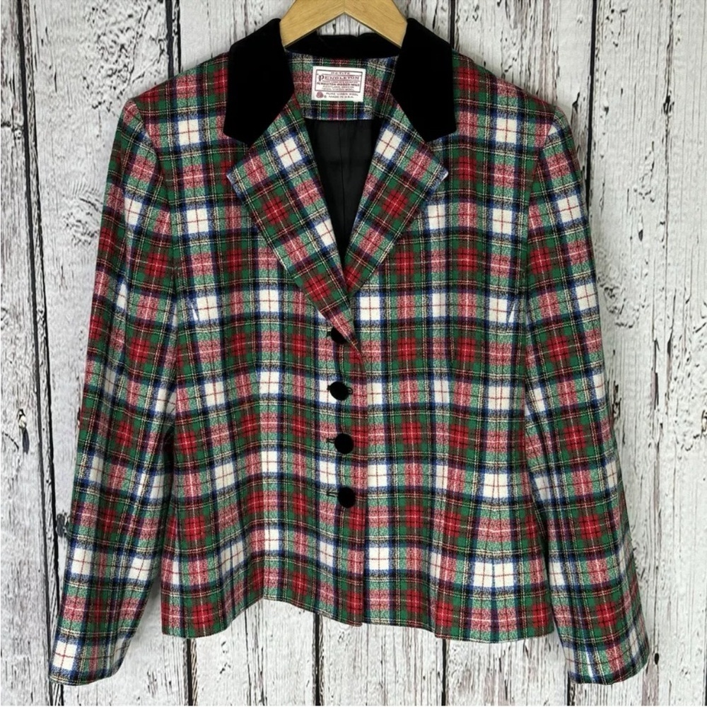 PENDLETON Vintage Holiday Plaid Wool Blazer 14P Petite (Fit Smaller) Velvet